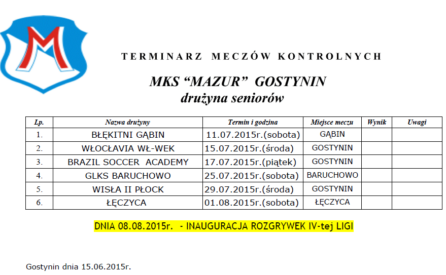 Terminarz meczów kontrolnych przed sezonem 2015/16